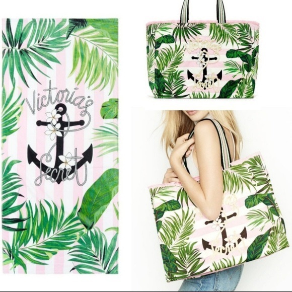 Victoria's Secret Other - VS Nautical Tropical Island Leaf Anchor Palm Tree Pink Stripe Terry Towel